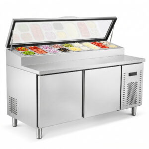 Stainless Steel Pizza Prep Table with Ingredient Rail & Freezer