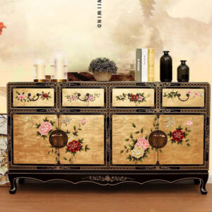 Vintage Gold Wood Living Cabinet Console Leaf Sideboard Painted