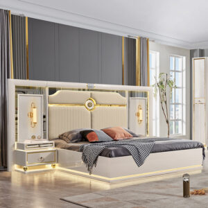 Contemporary Wood Leather Home Bedroom Frame Bed Set Double King